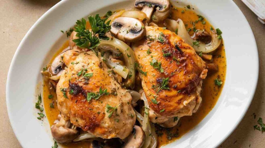 A photo of a dish of Garlic Butter Chicken. The chicken is golden brown and is covered in a garlic butter sauce. There are also some vegetables, such as mushrooms and onions, in the dish. The dish is served on a white plate and is garnished with parsley. The background is a beige surface.